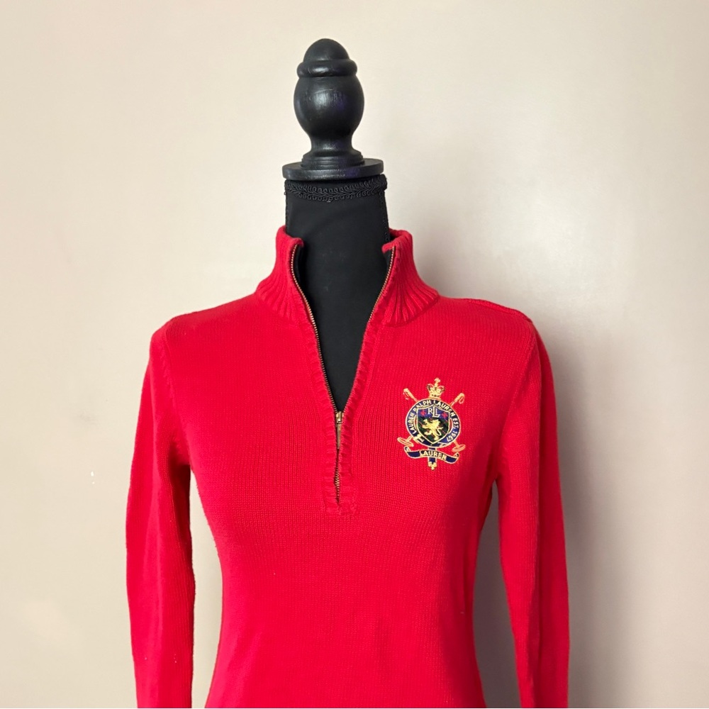 LAUREN Ralph Lauren 1/4 zip red cotton sweater embroidered lion crowns crest XS